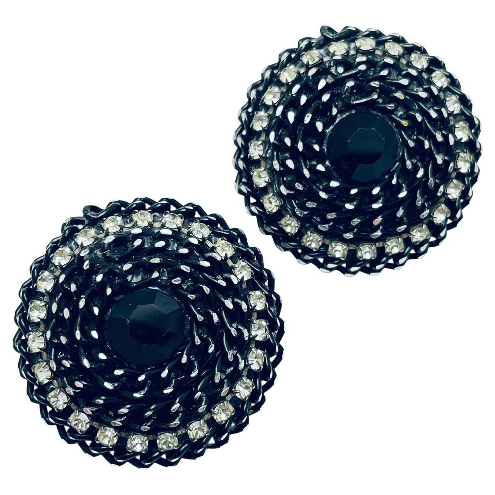 Vintage black enamel rhinestone round designer clip on earrings